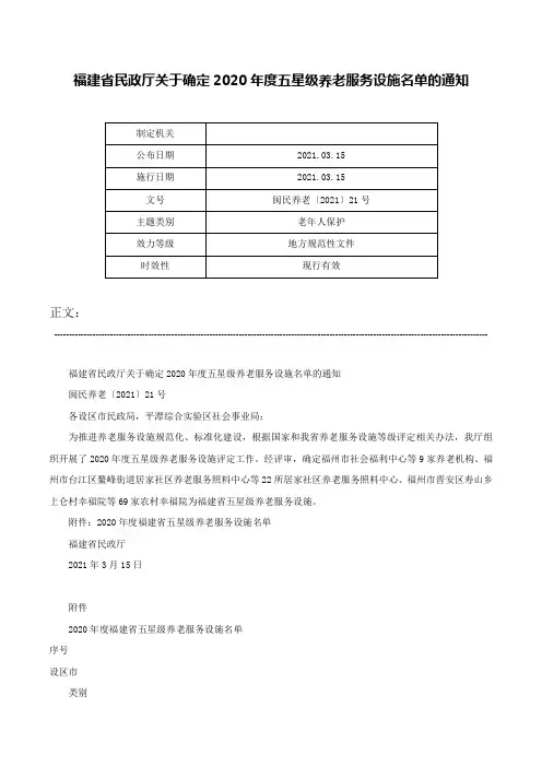 福建省民政厅关于确定2020年度五星级养老服务设施名单的通知-闽民养老〔2021〕21号