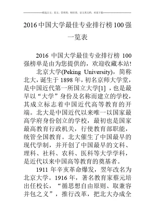 16中国大学最佳专业排行榜100强一览表