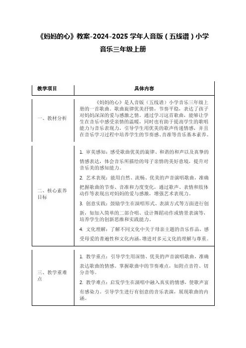 《妈妈的心》教案-2024-2025学年人音版(五线谱)小学音乐三年级上册