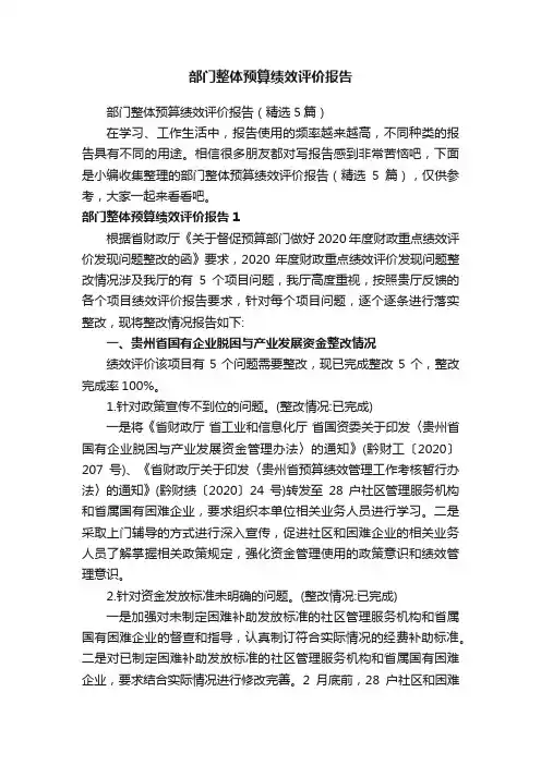 部门整体预算绩效评价报告（精选5篇）