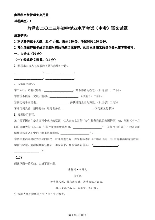 2023年山东省菏泽市中考语文真题