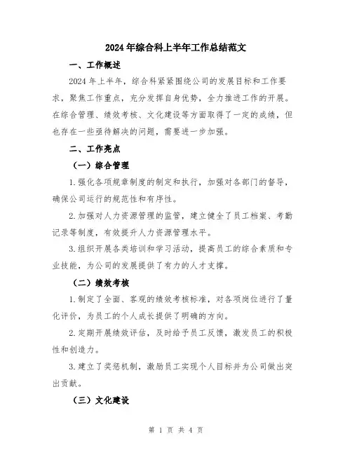 2024年综合科上半年工作总结范文