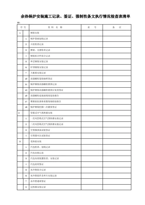 余热锅炉安装施工记录、签证、强制性条文执行情况检查表清单