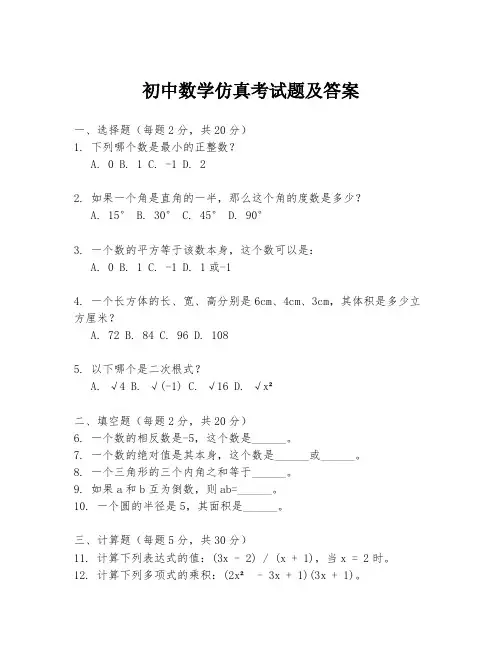 初中数学仿真考试题及答案