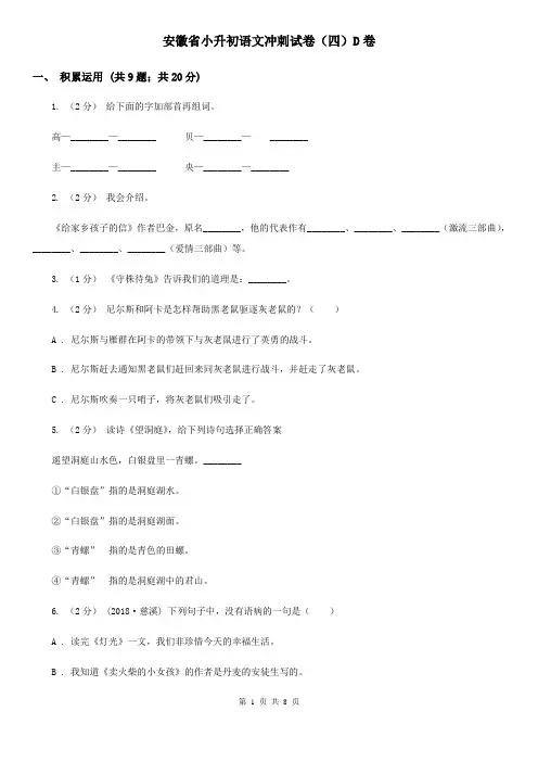 安徽省小升初语文冲刺试卷(四)D卷