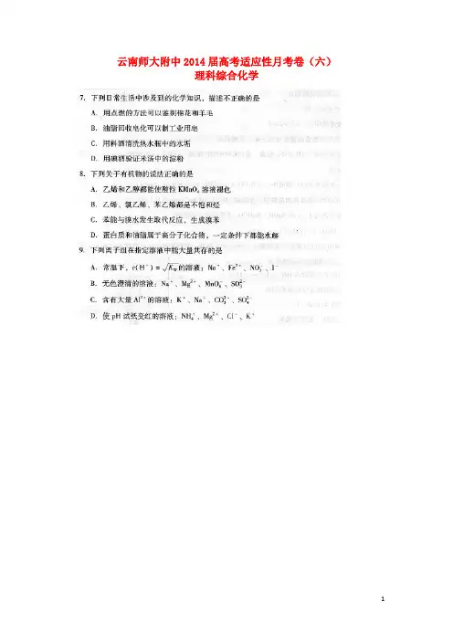 云南省师大附中高考理综(化学部分)适应性月考(六)(扫