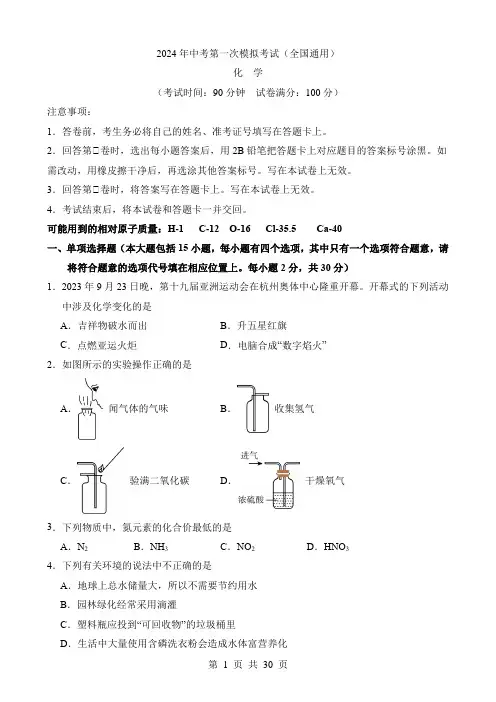 2024中考化学一模试卷化学(全国卷)