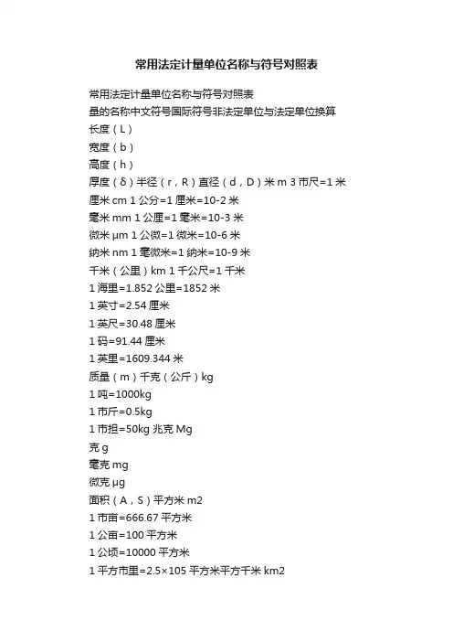 常用法定计量单位名称与符号对照表
