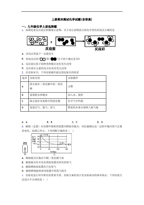 初三化学上册期末测试化学试题(含答案)