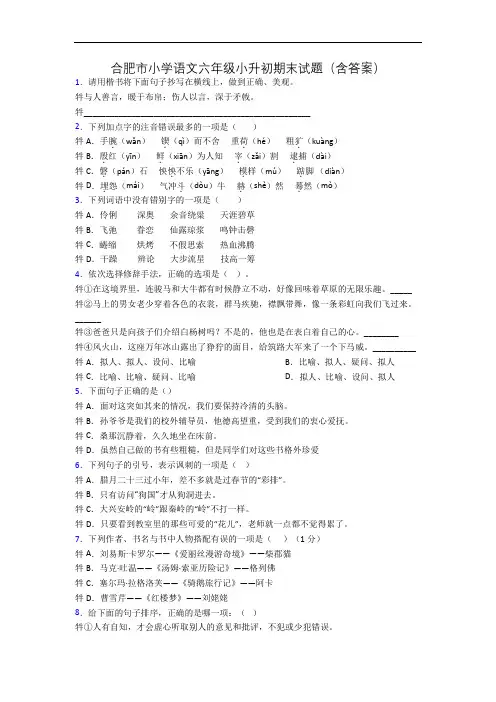 合肥市小学语文六年级小升初期末试题(含答案)