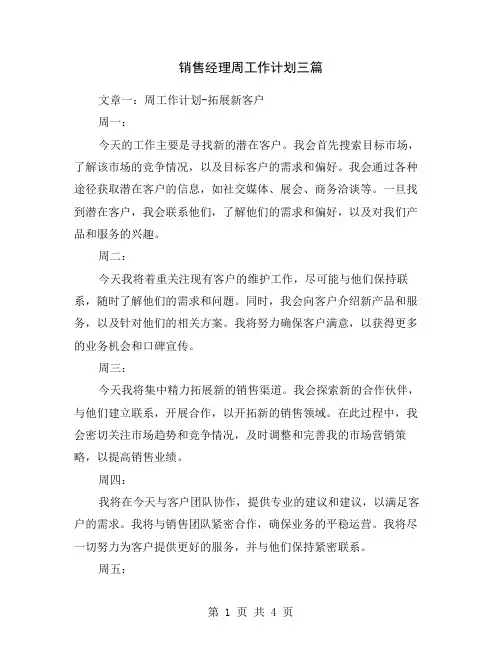 销售经理周工作计划三篇