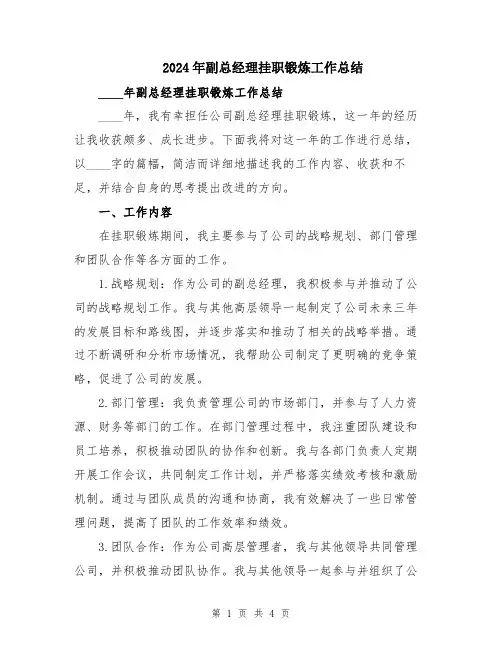 2024年副总经理挂职锻炼工作总结