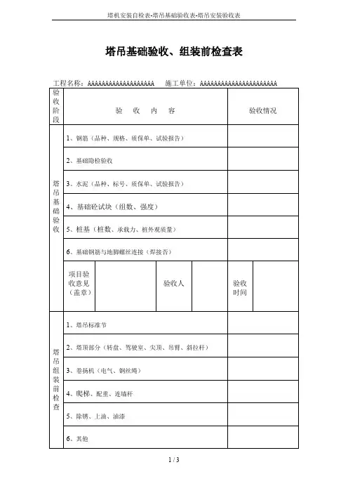 塔机安装自检表-塔吊基础验收表-塔吊安装验收表