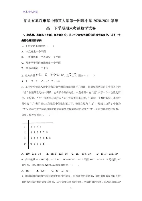 2020-2021学年湖北省武汉市华中师范大学第一附属中学高一下学期期末考试数学试卷(解析版)