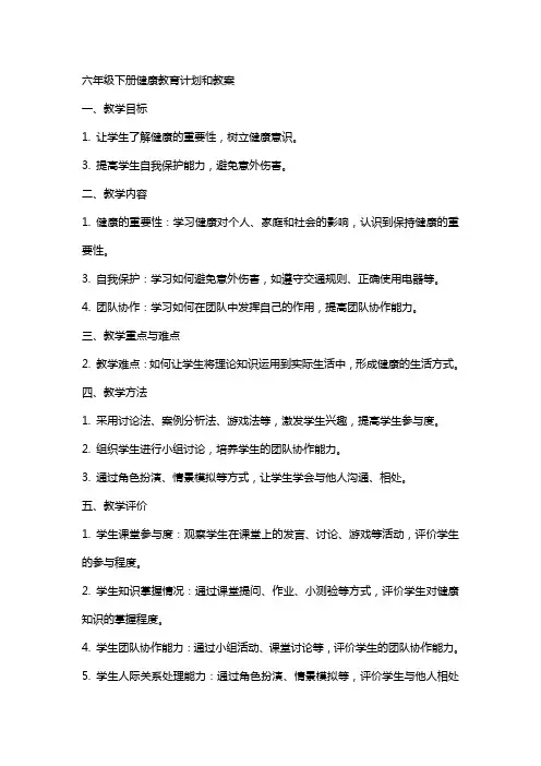 六年级下册健康教育计划和教案  团结出版社