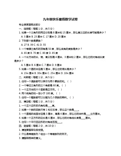 九年级快乐暑假数学试卷