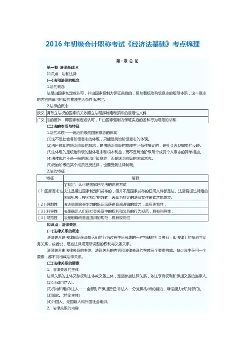 2016年初级会计职称考试《经济法基础》考点梳理讲义.