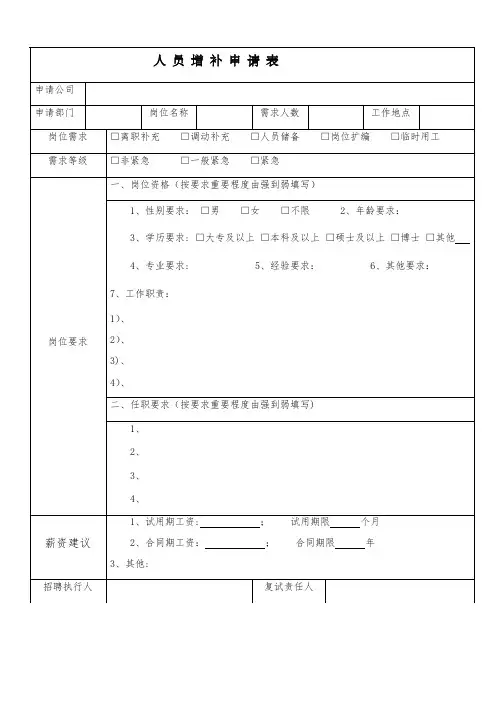 人 员 增 补 申 请 表
