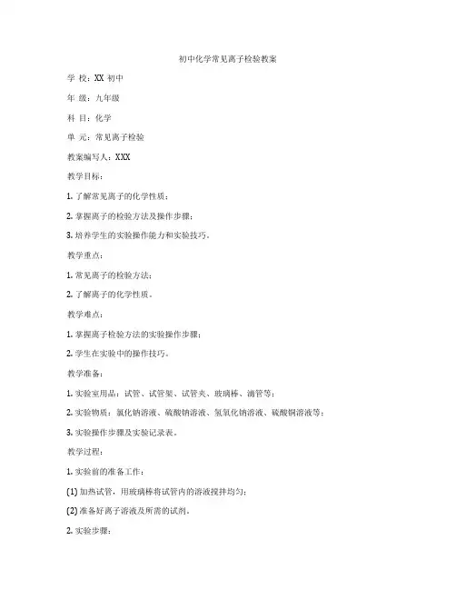 初中化学常见离子检验教案