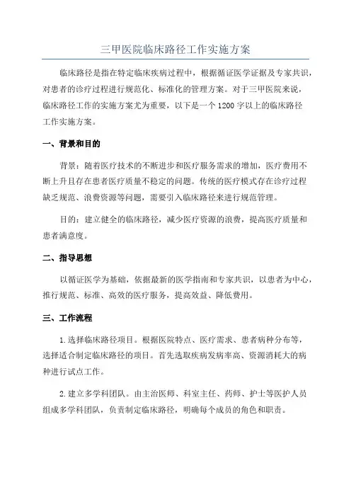 三甲医院临床路径工作实施方案