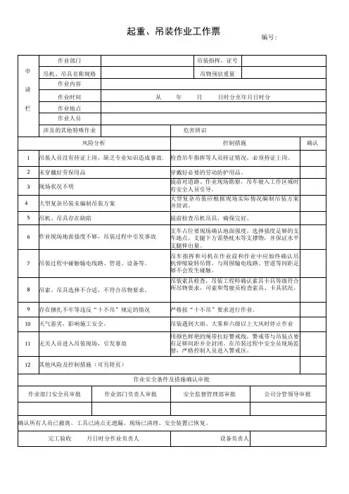 70.起重、吊装作业工作票(修)