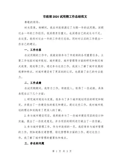 市政部2024试用期工作总结范文