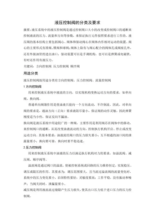液压控制阀的分类及要求