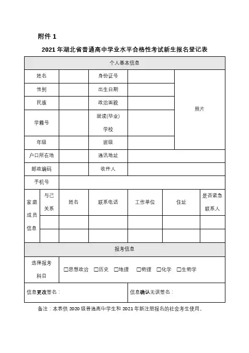 2021年湖北省普通高中学业水平合格性考试新生报名登记表【模板】