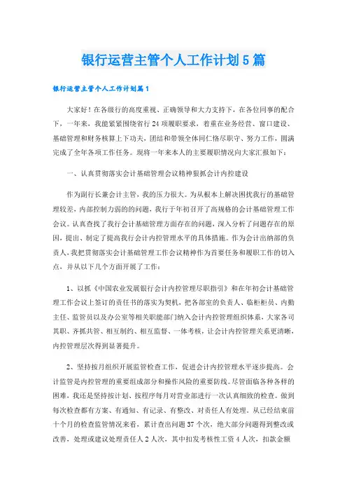 银行运营主管个人工作计划5篇