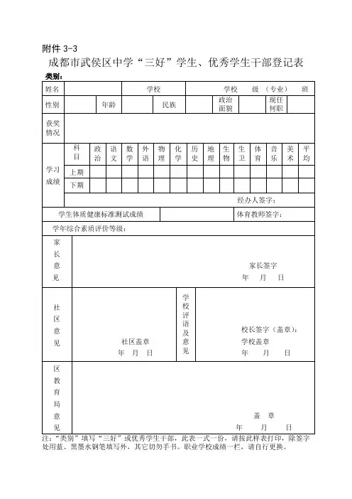 成都市武侯区中学“三好”学生、优秀学生干部登记表