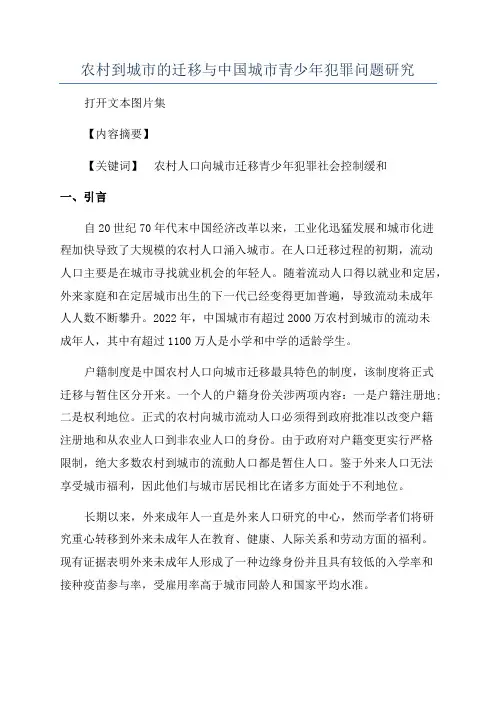 农村到城市的迁移与中国城市青少年犯罪问题研究