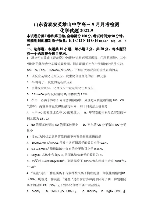 2023届山东省泰安市英雄山中学高三上学期9月月考检测化学试题