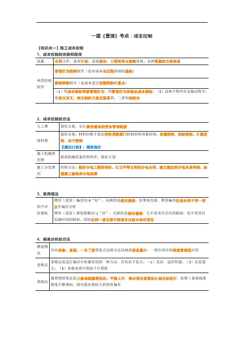 一建《管理》考点：成本控制