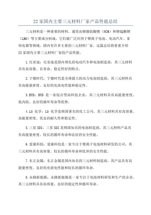 22家国内主要三元材料厂家产品性能总结