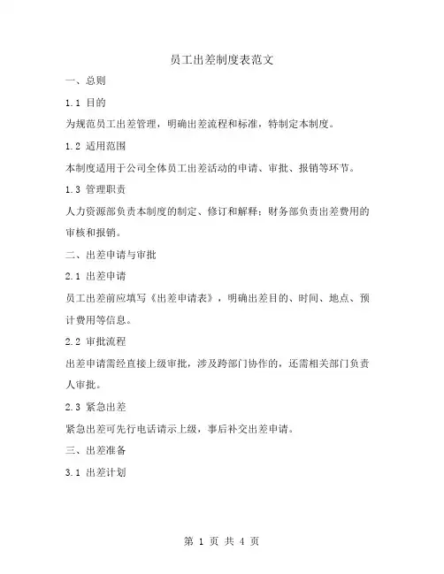 员工出差制度表范文