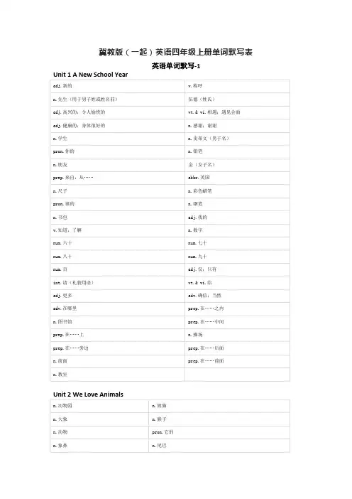 冀教版(一起)英语四年级上册单词默写表