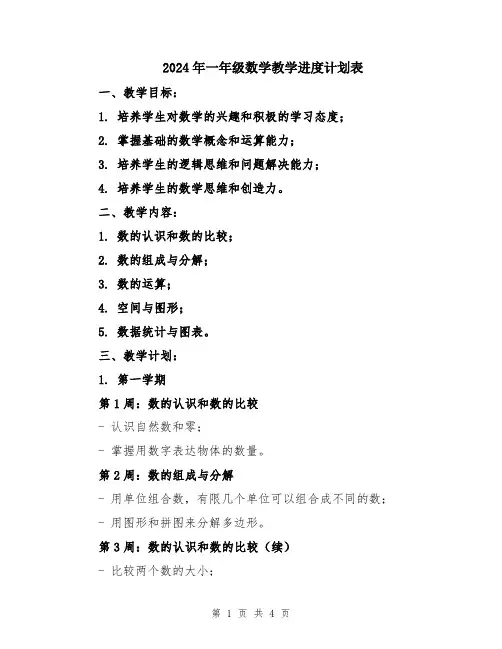 2024年一年级数学教学进度计划表