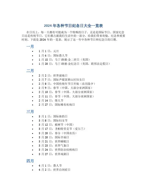 2024年各种节日纪念日大全一览表