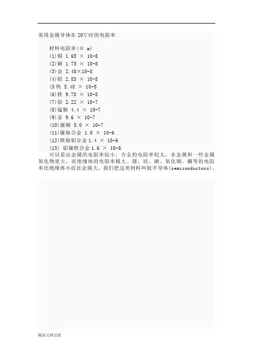 常见金属电阻率