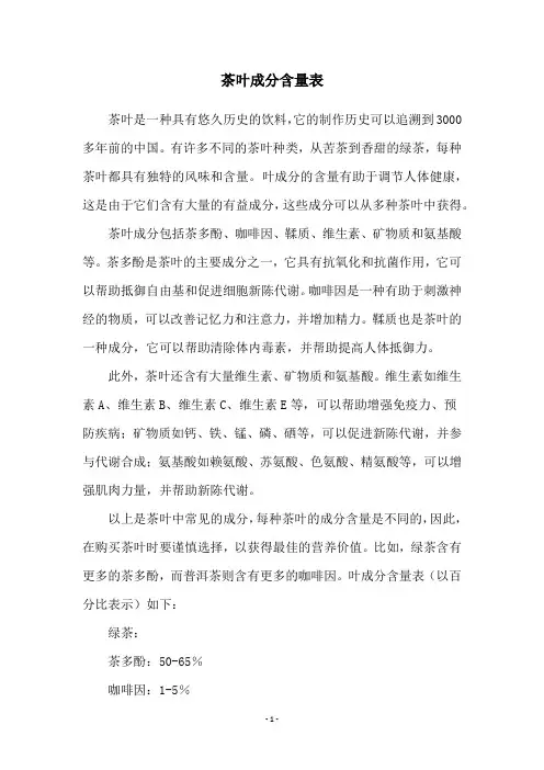 茶叶成分含量表