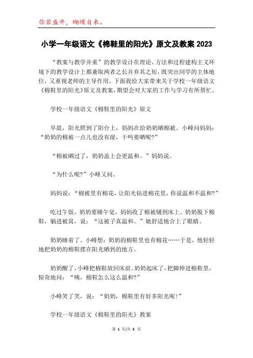 小学一年级语文《棉鞋里的阳光》原文及教案2023
