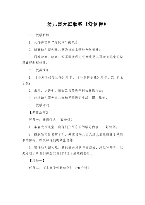 幼儿园大班教案《好伙伴》