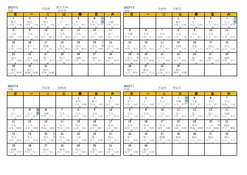 2012年日历(带农历及干支)