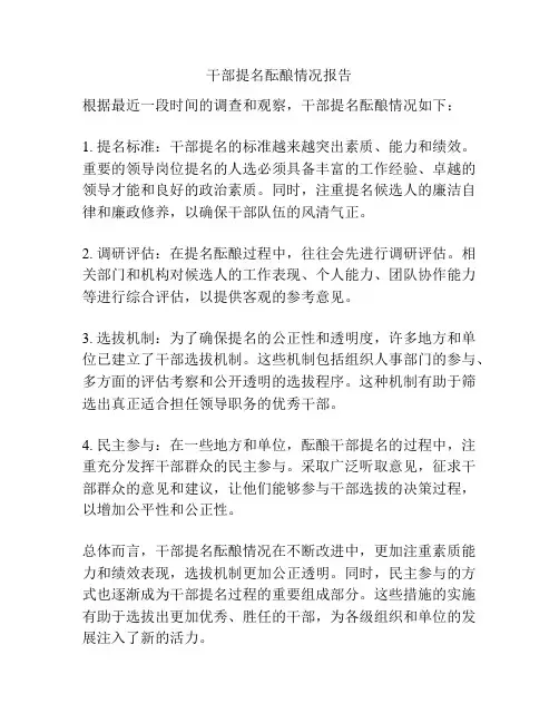 干部提名酝酿情况报告