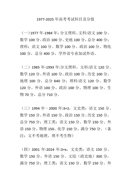1977-2025年高考考试科目及分值