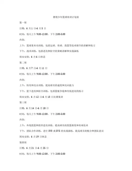 暑假少年篮球培训计划表