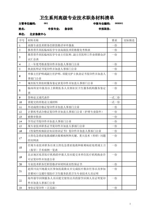 卫生系列高级专业技术职务材料清单