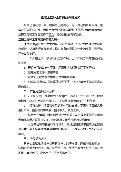 监理工程师工作自我评价范文