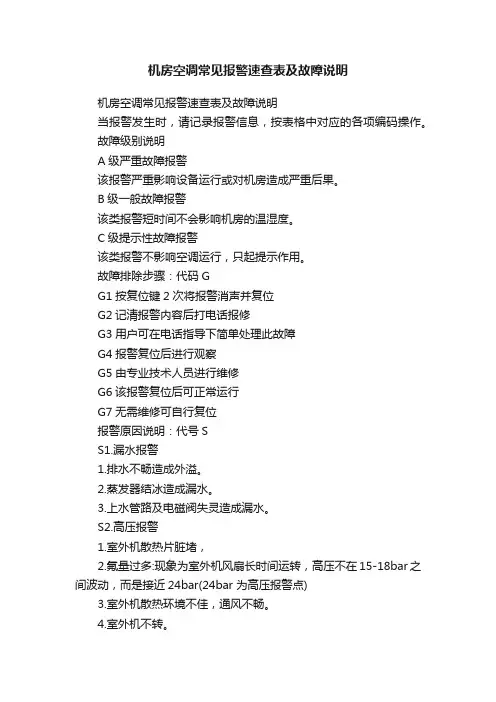 机房空调常见报警速查表及故障说明