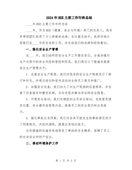 2024年HSE主要工作年终总结